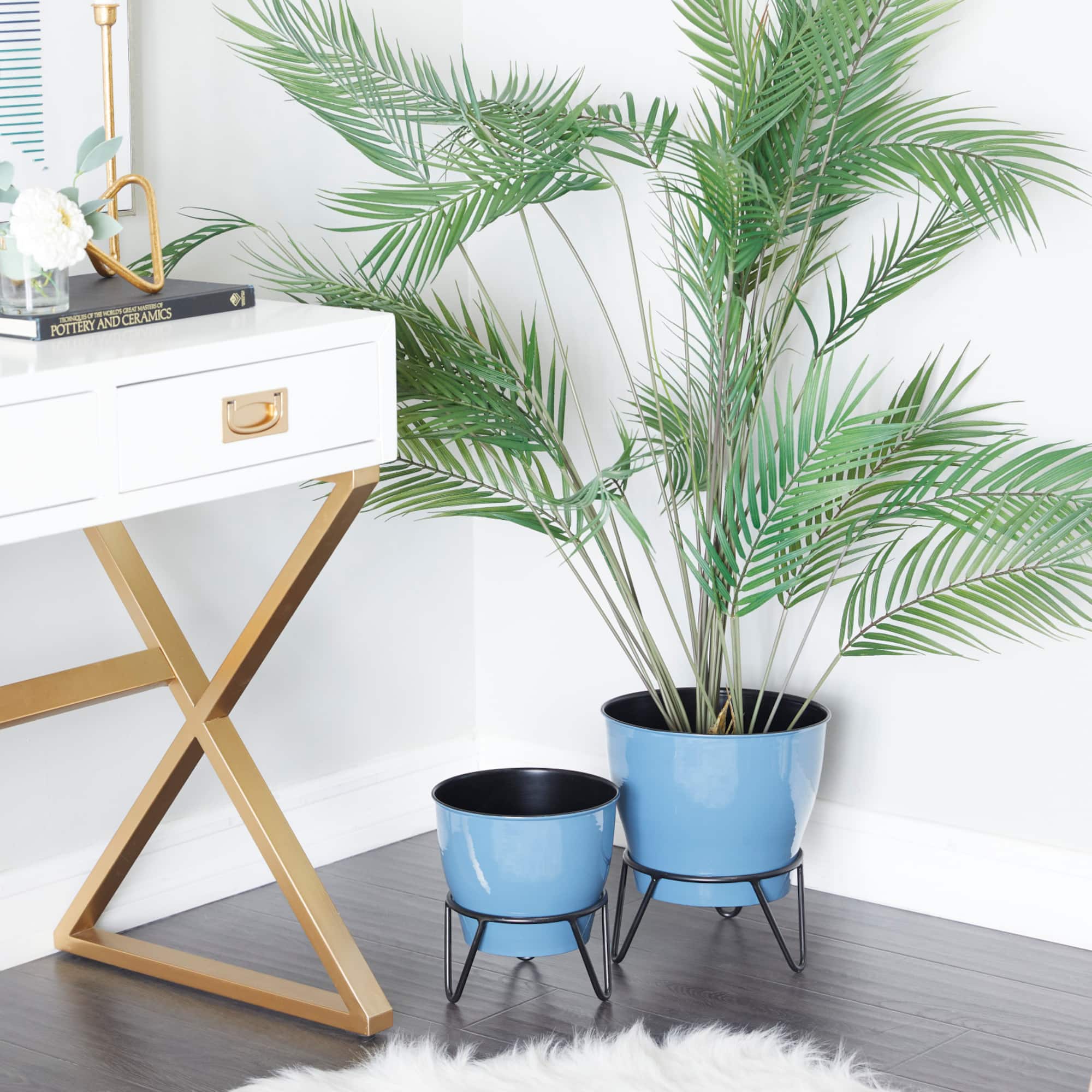 Set of 2 Blue Iron Modern Planter, 11" x 10" x 10"
